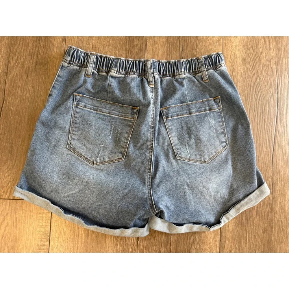 Judy Blue JB150168 Blue Denim Drawstring Elastic Waist Cuffed Pull On Shorts L